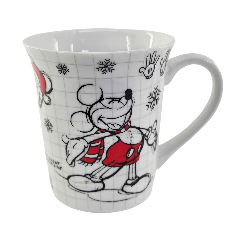 Disney Mickey Mouse Animation Sketch Christmas Coffee Mug Grid Pattern White Red - Picture 1 of 4